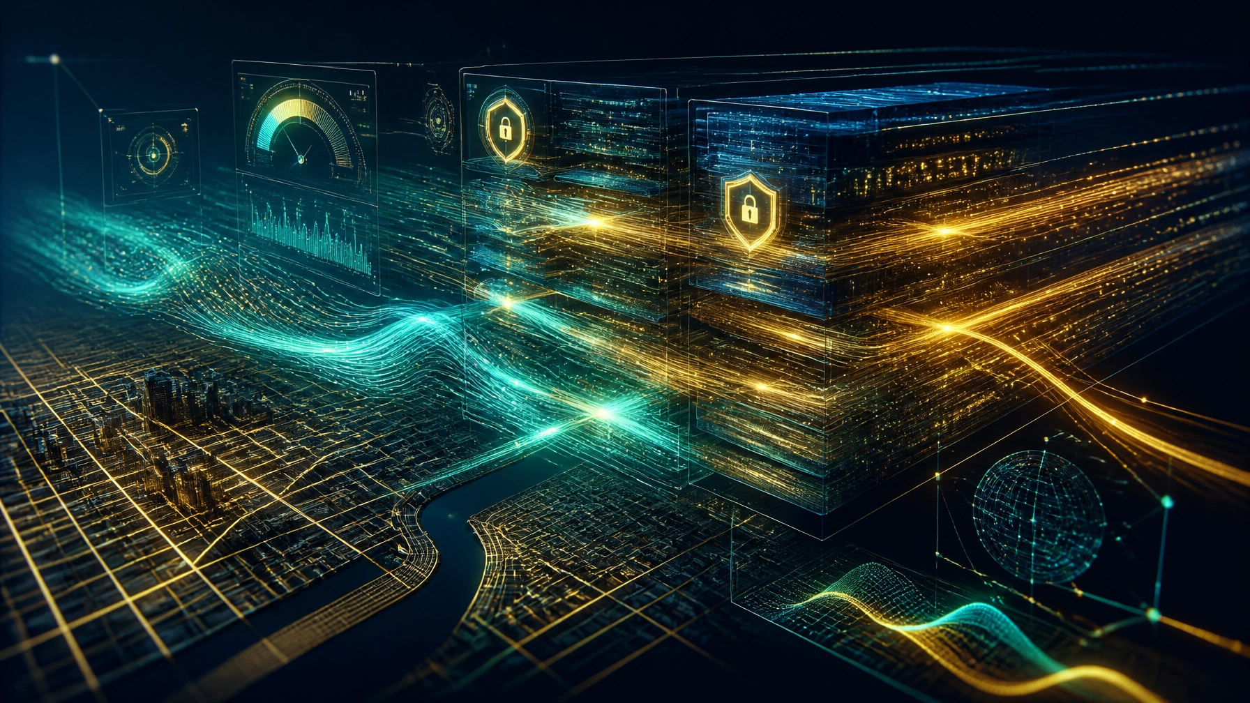 High-performance web development concept with secure infrastructure, optimization monitoring, and Philadelphia street-grid details