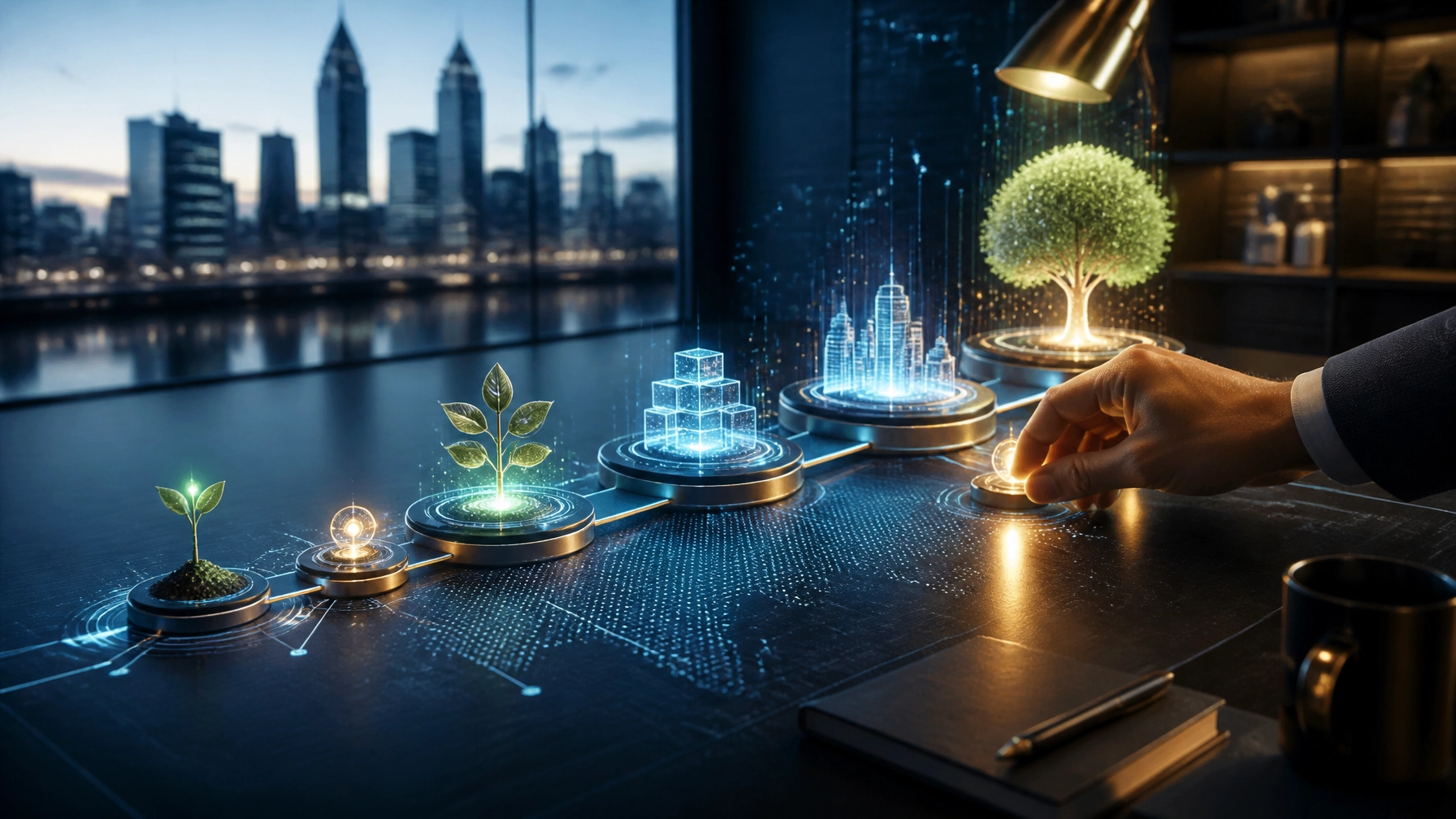 Connected AI integration roadmap showing a startup moving from automation experiments to a scalable business system