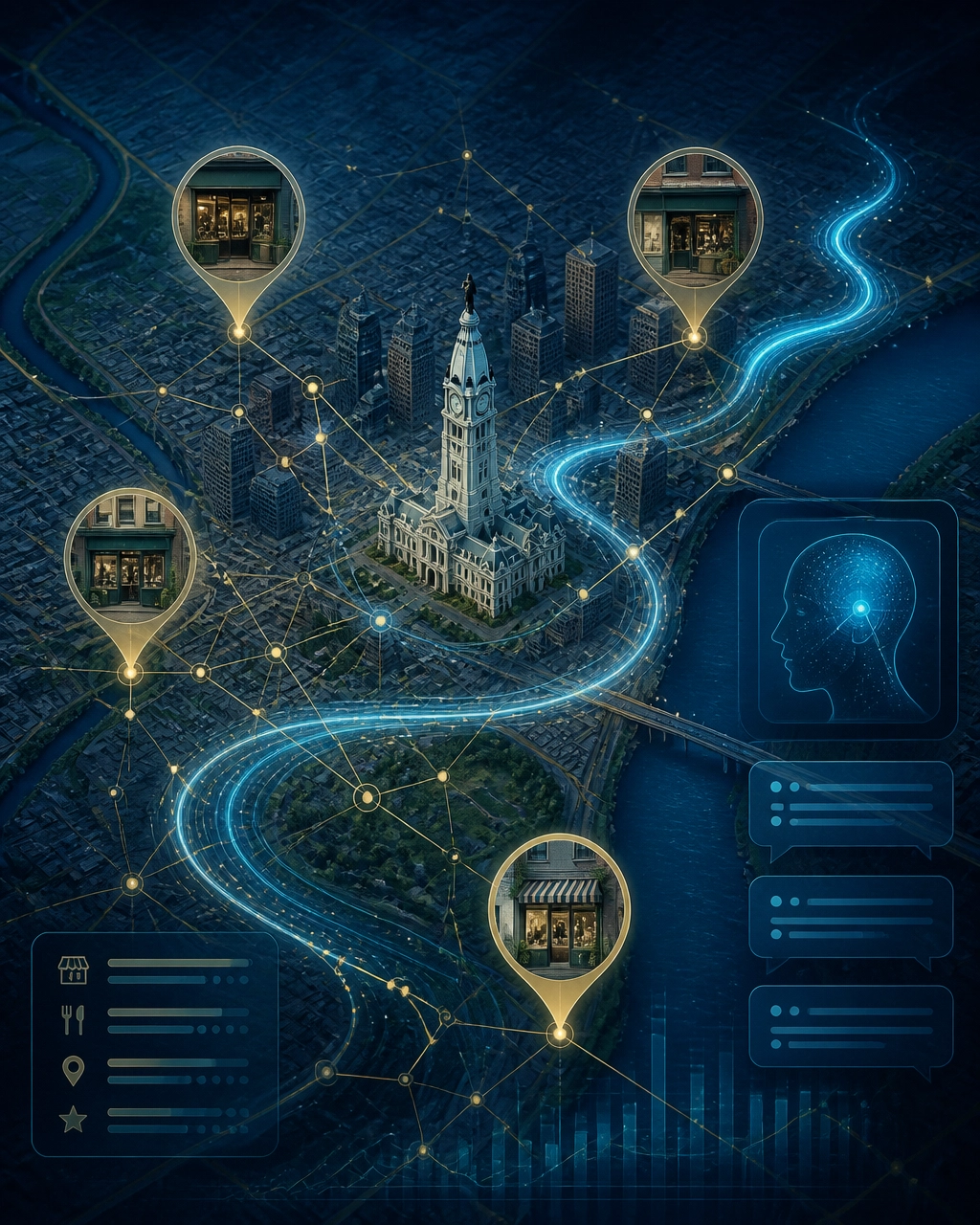 Philadelphia neighborhood map with AI search signals and local SEO data overlays