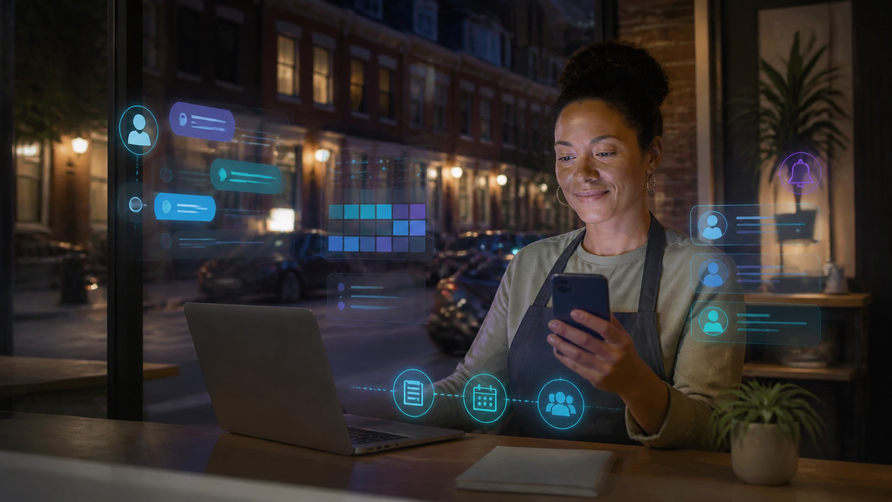 Philadelphia small-business owner using an AI-powered digital front desk with scheduling and lead-routing overlays