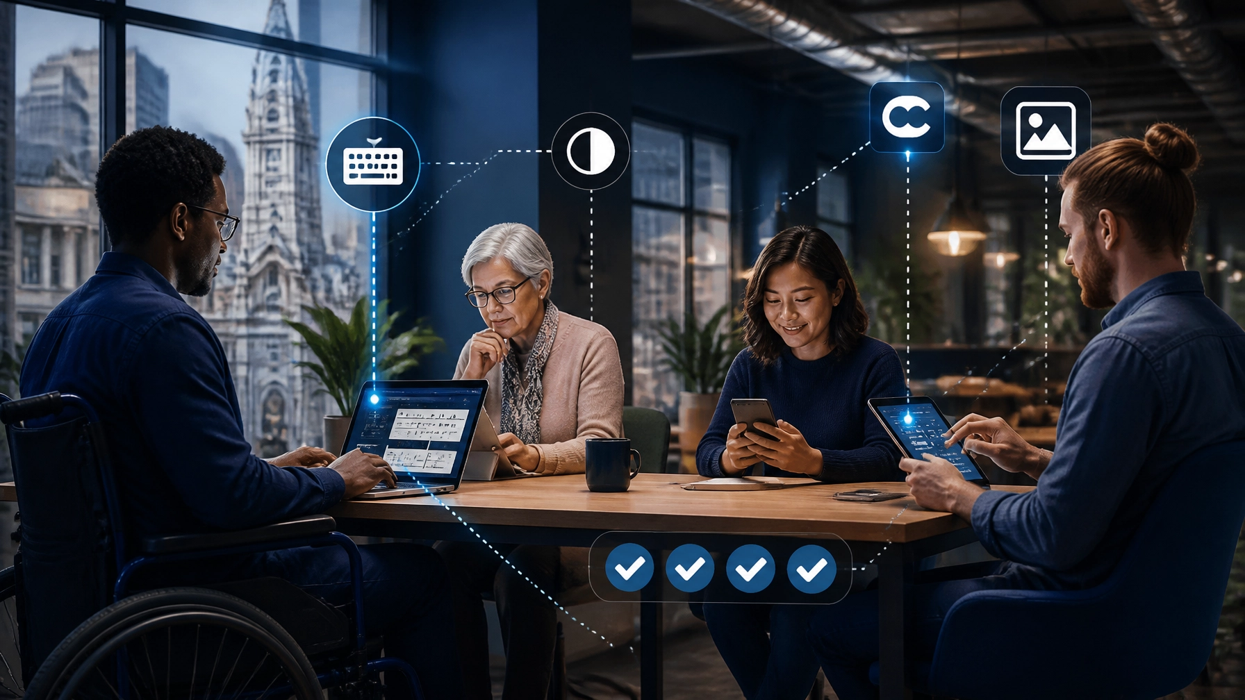 Inclusive customers using an accessible website across laptop, phone, and tablet