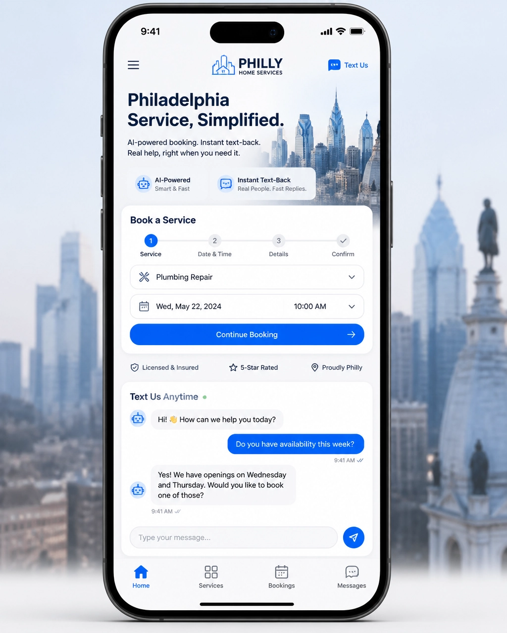 Mobile mockup showing seamless booking and AI chat interface