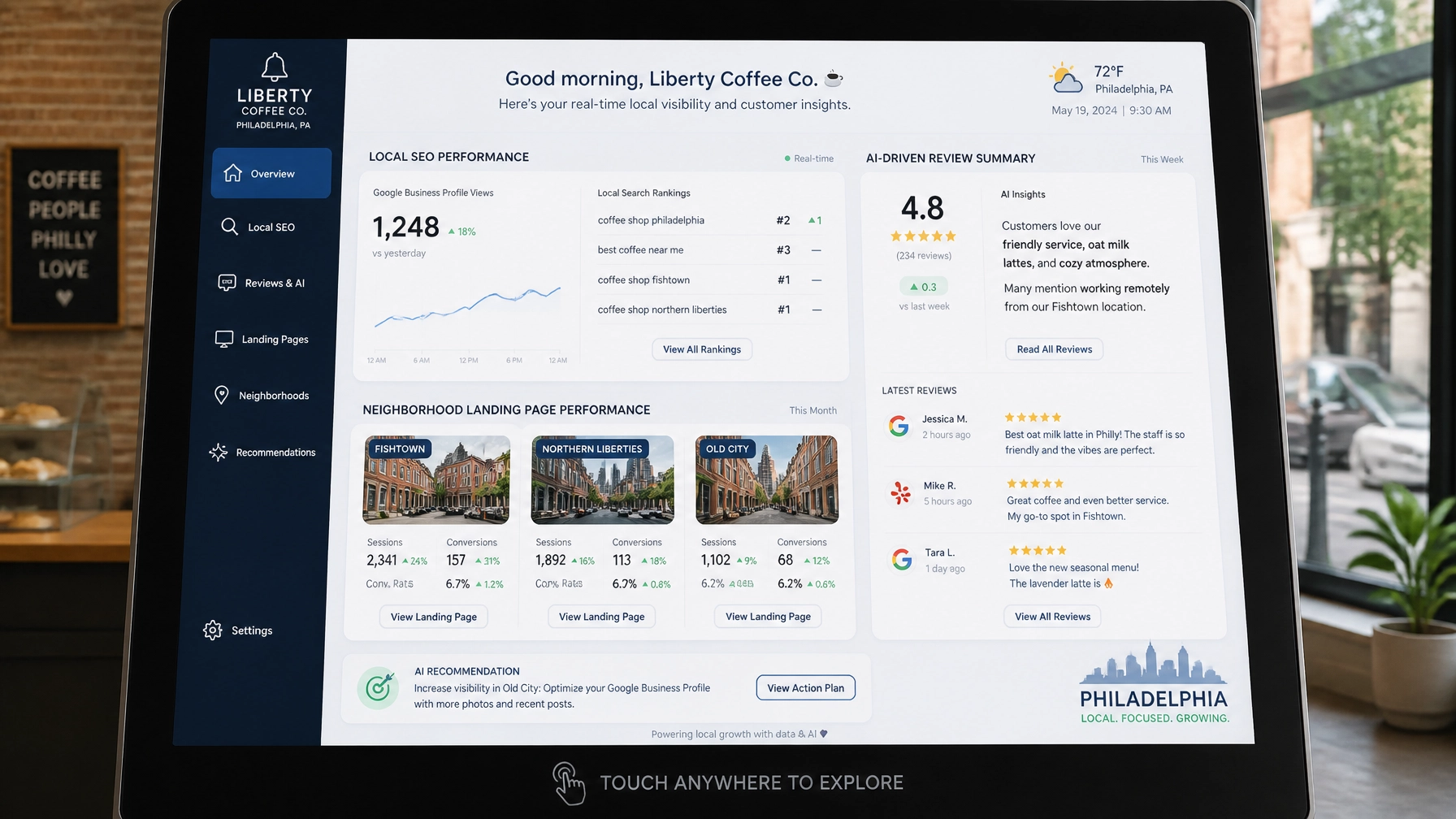 Interactive digital kiosk interface showing real-time local SEO data and neighborhood-targeted landing page performance