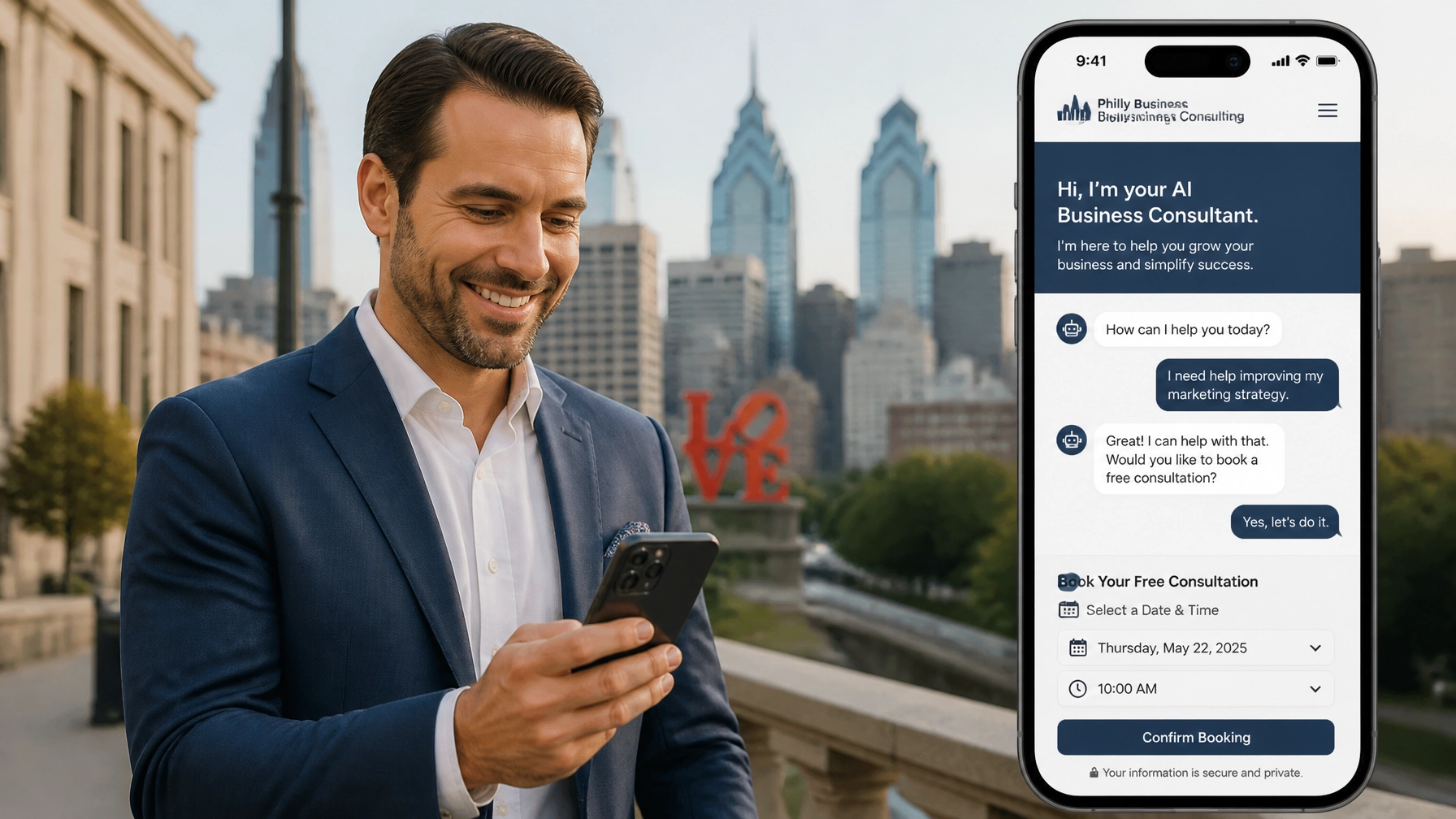Professional Philadelphia business consultant smiling while looking at a smartphone displaying a custom AI chatbot