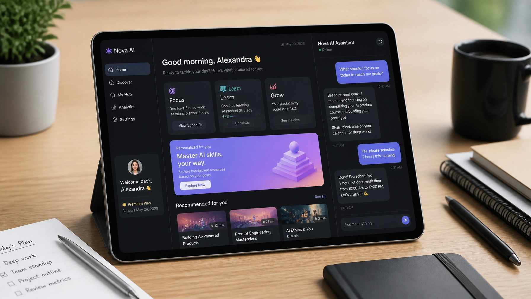Sleek tablet displaying an advanced AI chat assistant and hyper-personalized landing page interface