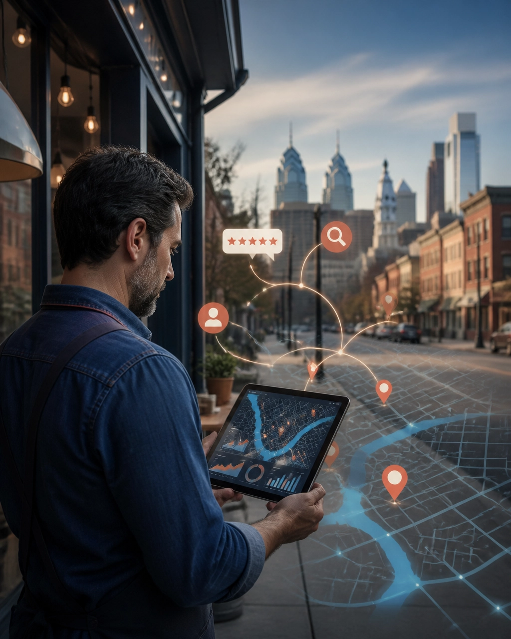 Philadelphia business owner reviewing local SEO and AI-assisted growth analytics