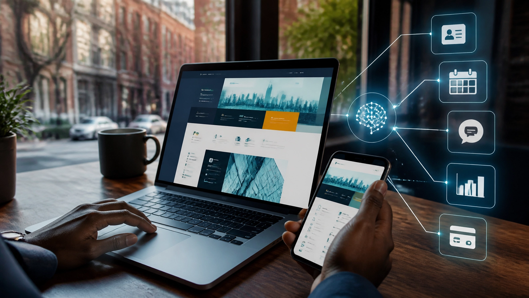 AI-integrated website interface connecting a Philadelphia business website to CRM, calendar, chat, analytics, and payment systems