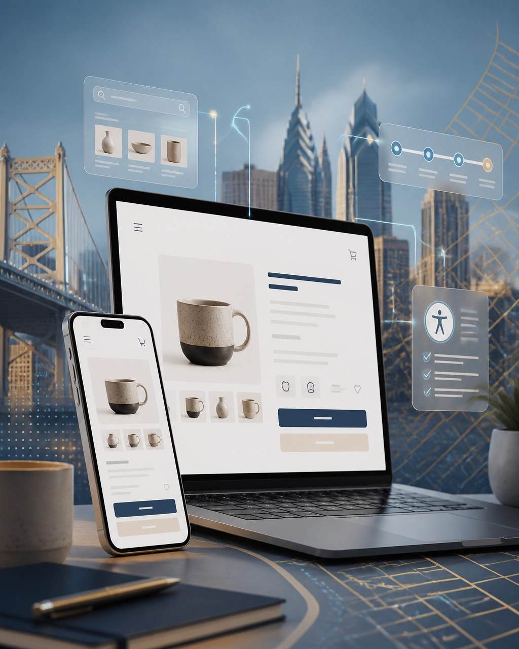 Mobile-first ecommerce website with AI-powered search, product recommendations, and Philadelphia-inspired interface overlays