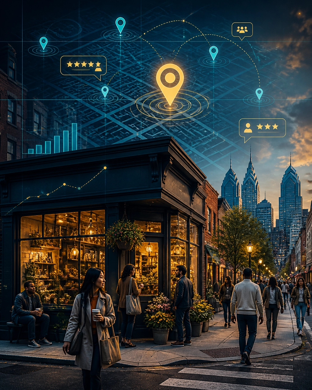 Philadelphia storefront with AI-powered local search, map, review, and service-area overlays