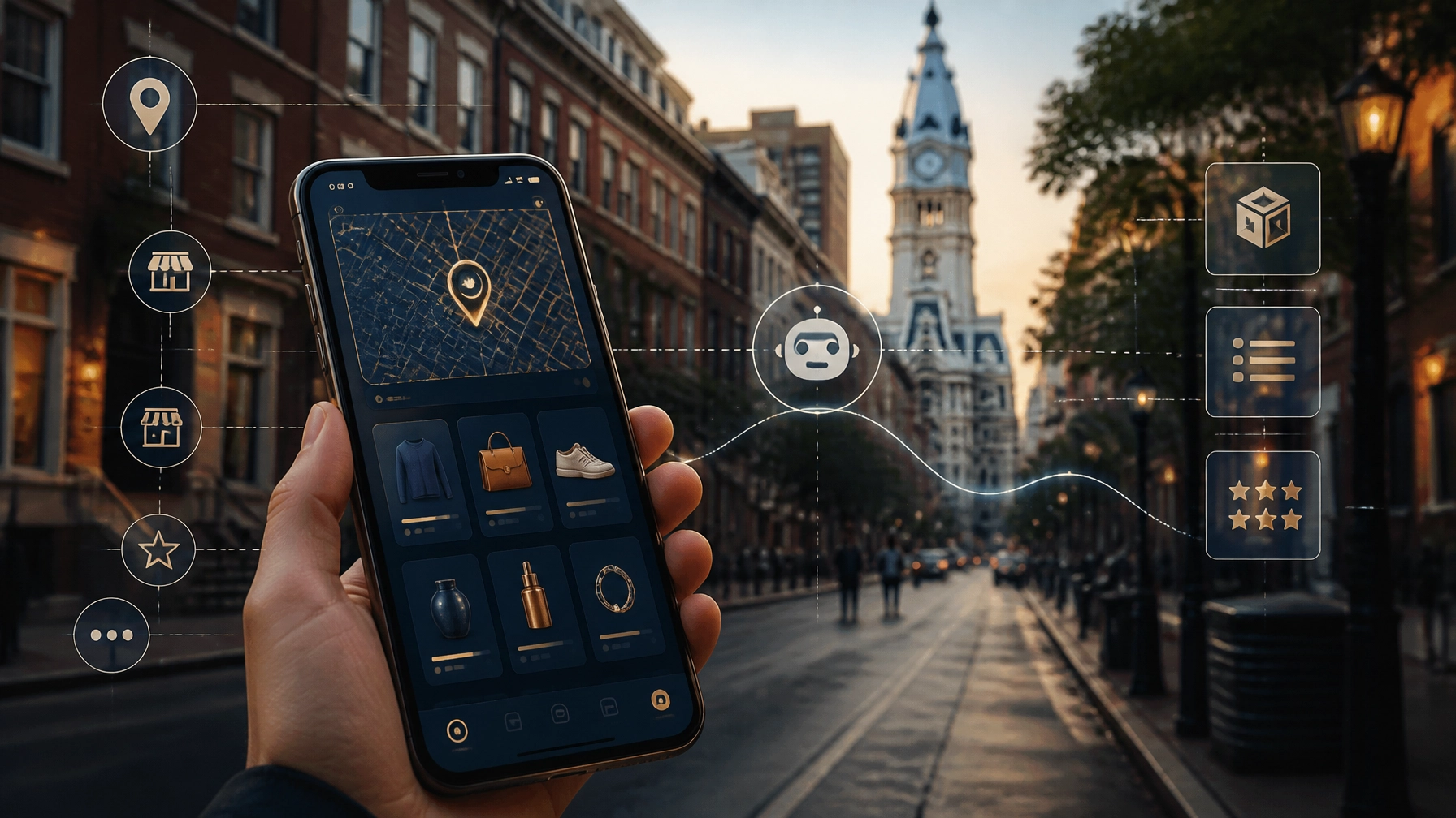 Mobile ecommerce storefront connected to Philadelphia local search and AI signals