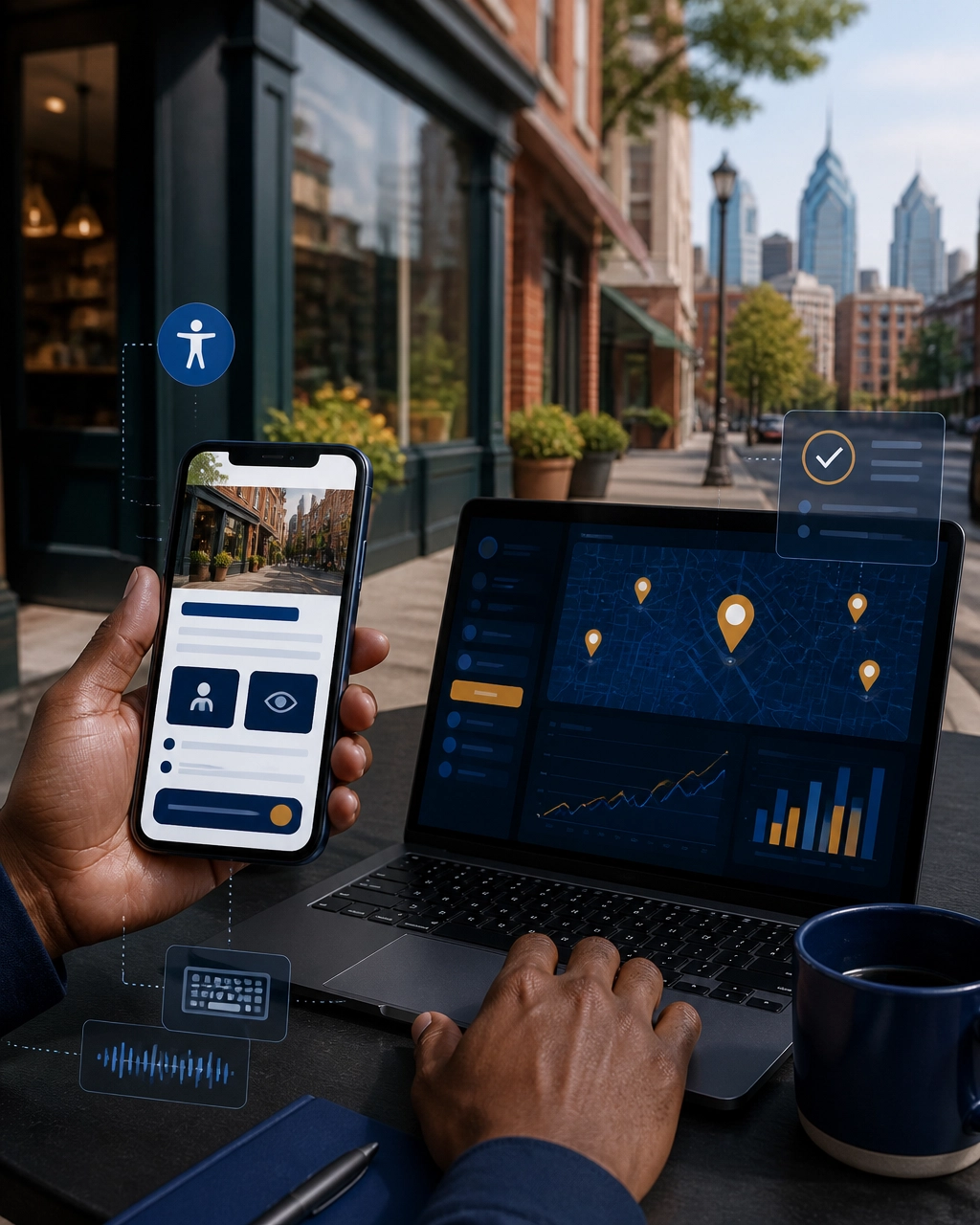 Smartphone and laptop showing an accessible Philadelphia business website with performance and usability overlays