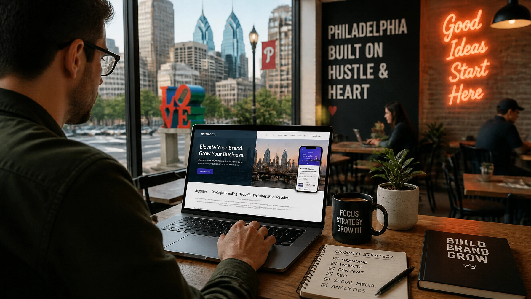 An entrepreneur working on a custom responsive website on a laptop in a vibrant Philadelphia café
