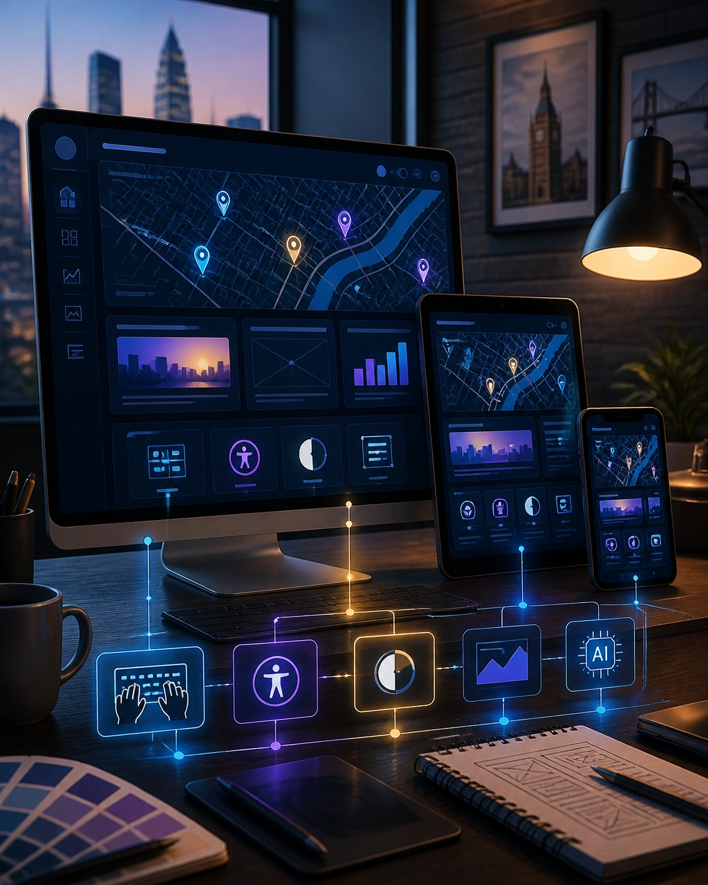 Responsive website interfaces on desktop, tablet, and smartphone with Philadelphia location signals