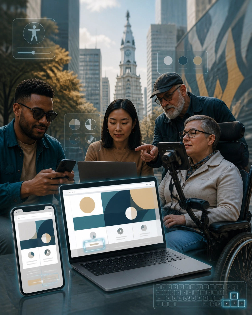 Mobile-first and accessible website interfaces shown alongside diverse users and subtle accessibility technology overlays