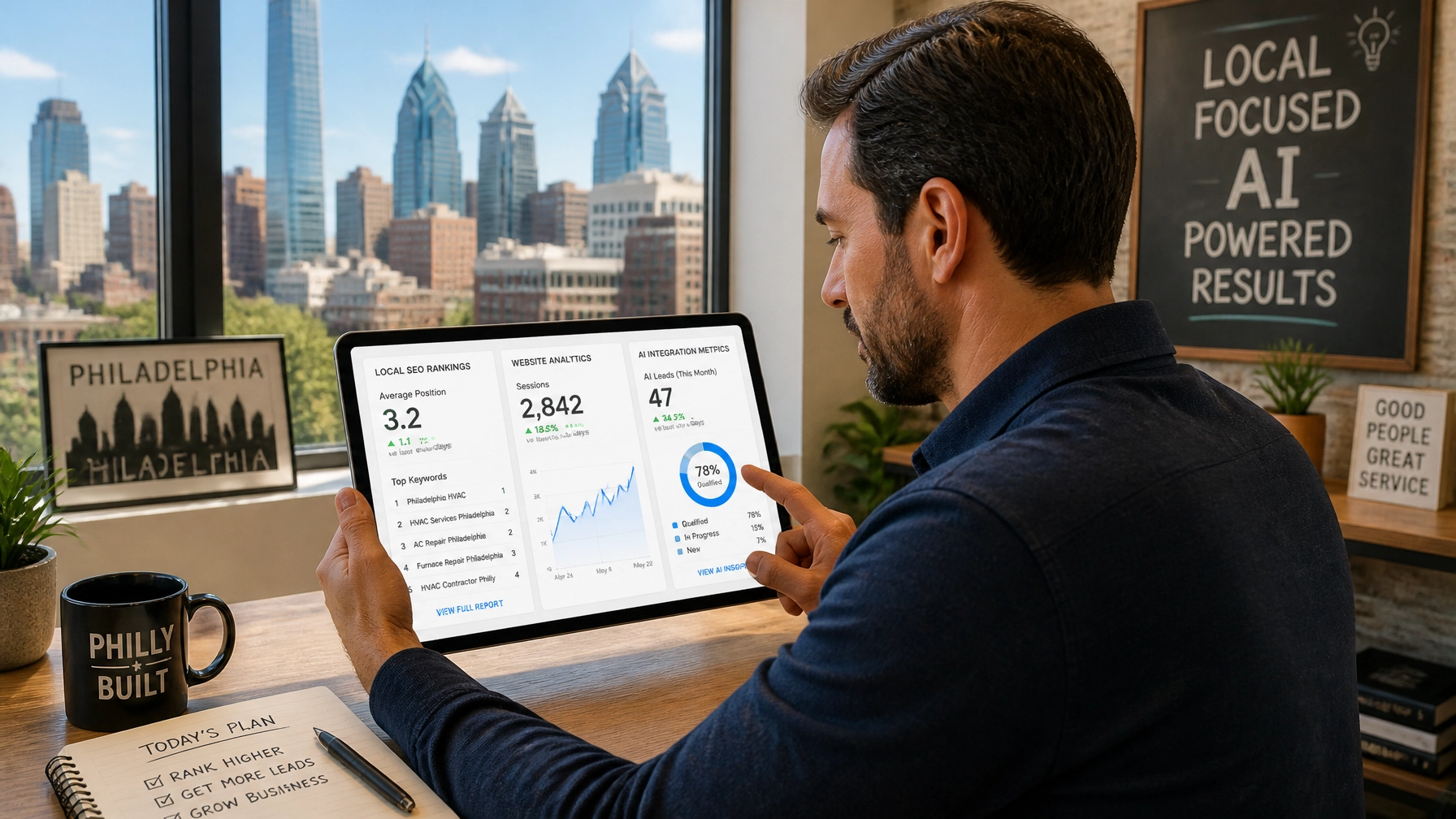 A business owner in Philadelphia reviewing analytics, local SEO rankings, and AI integration metrics on a tablet