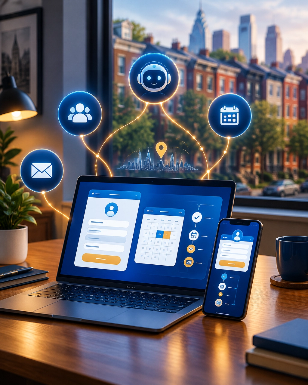 Laptop and phone connected to an AI assistant, CRM, calendar, and automated lead follow-up workflow