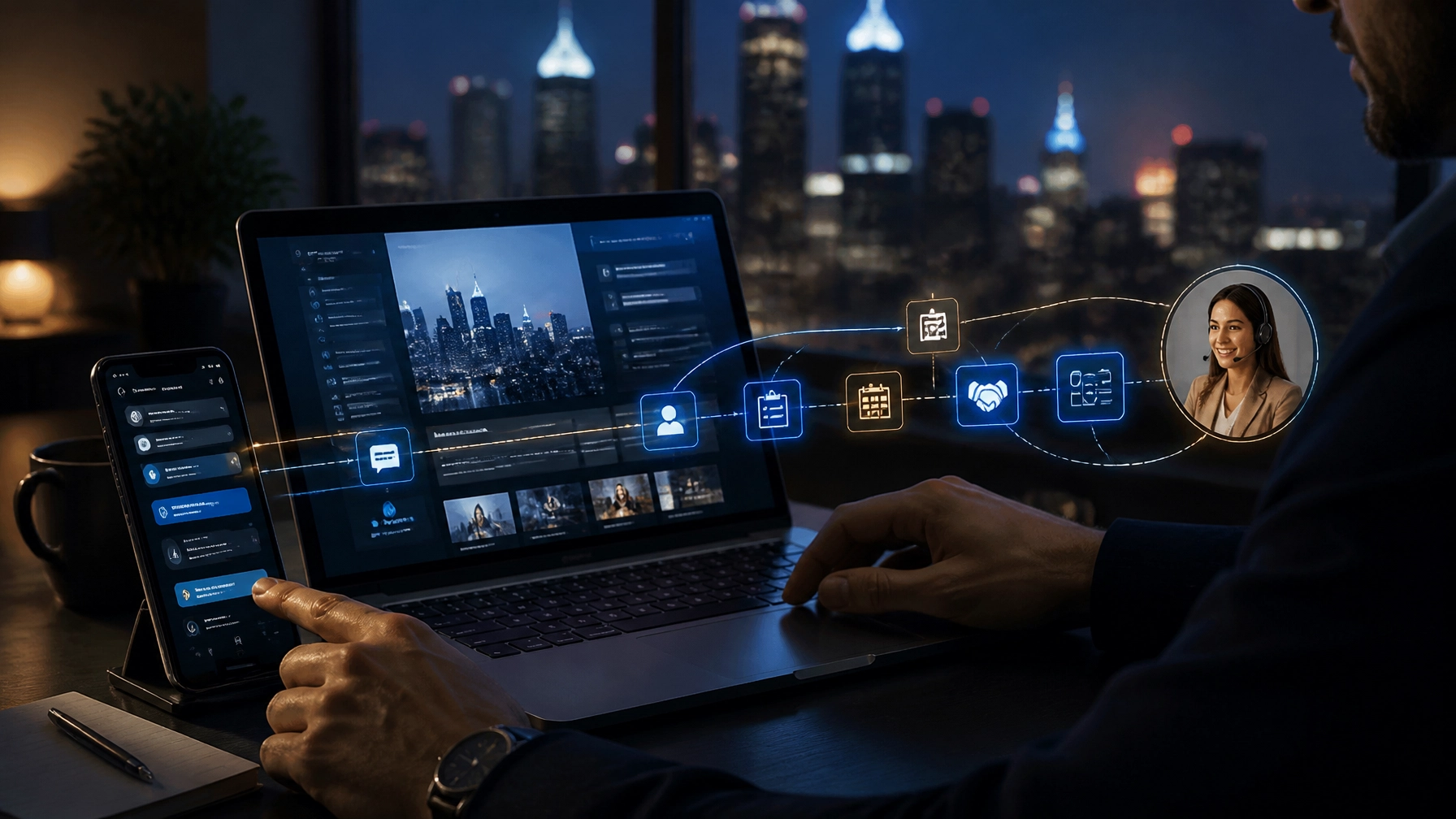 Philadelphia entrepreneur reviewing an AI-powered website workflow that connects inquiries, booking, CRM records, and human follow-up