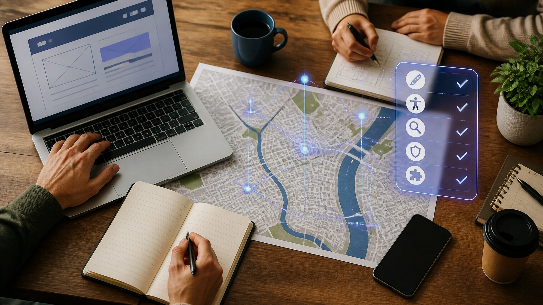 Philadelphia-inspired planning table with website wireframes, local map elements, and an AI-assisted web design checklist