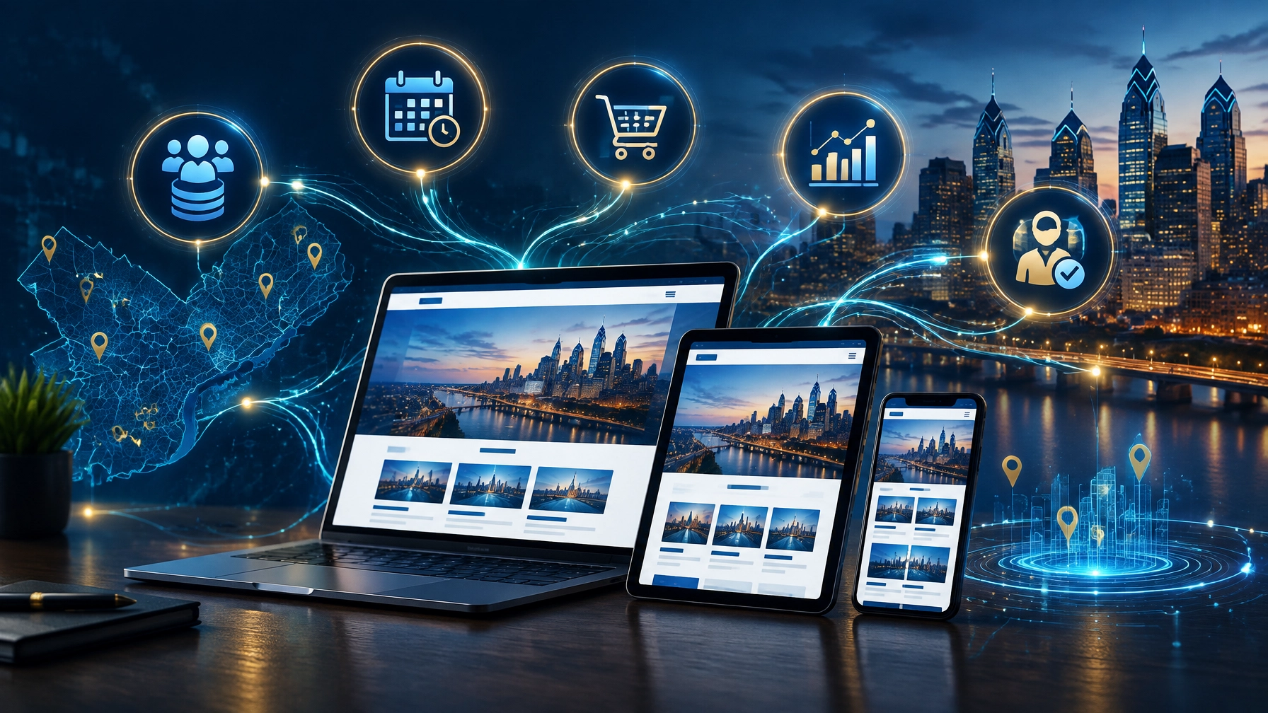 Responsive website connected to CRM, calendar, ecommerce, analytics, and human approval systems