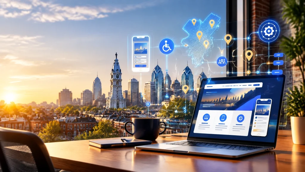 Laptop displays smart city accessibility map over Philadelphia skyline