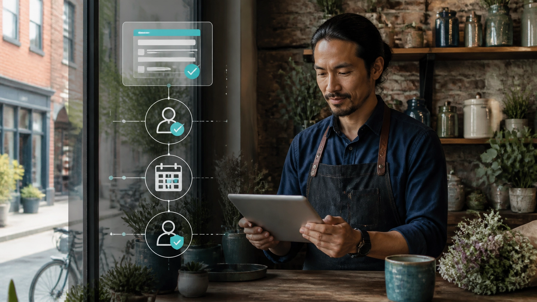 Philadelphia neighborhood business owner reviewing a website inquiry workflow on a tablet with subtle AI overlays