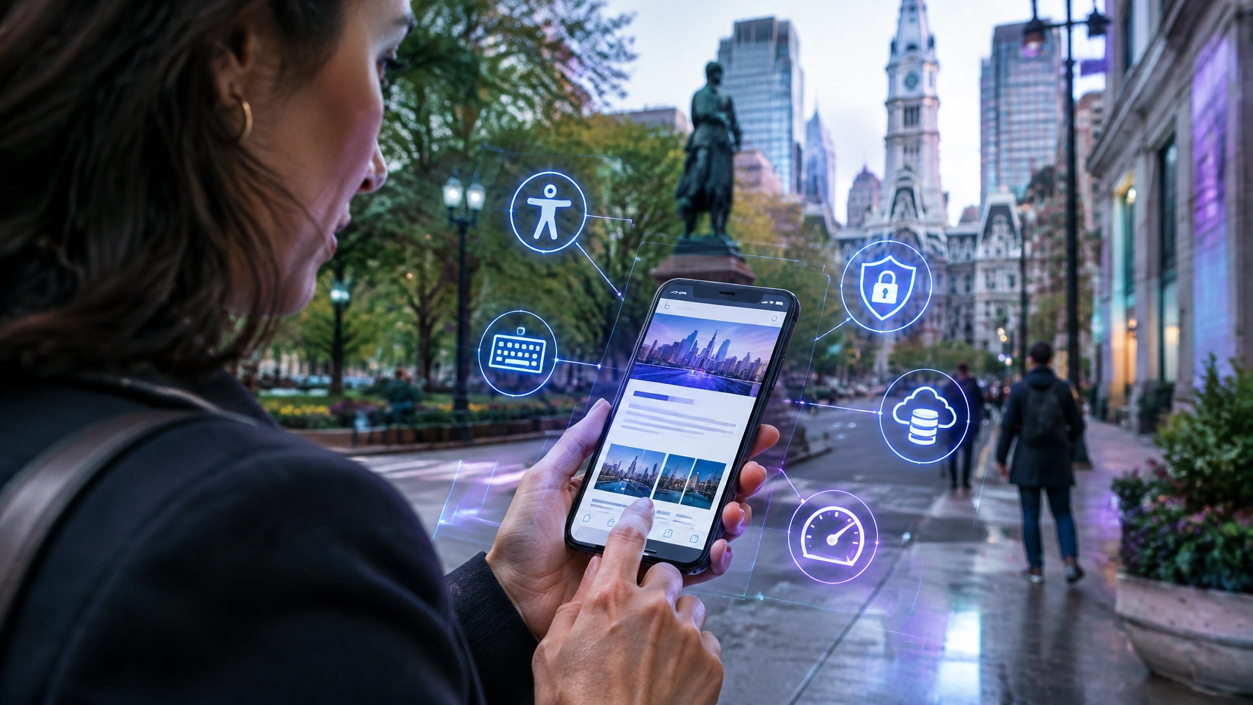 Philadelphia business owner testing a responsive website on a smartphone with accessibility, security, backup, and performance overlays