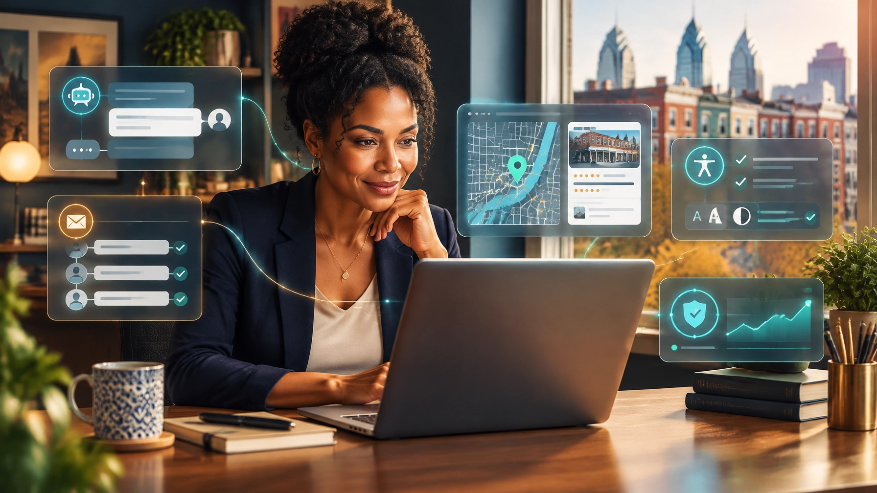 Philadelphia business owner reviewing a website dashboard with AI lead follow-up, local search, accessibility, and monitoring overlays