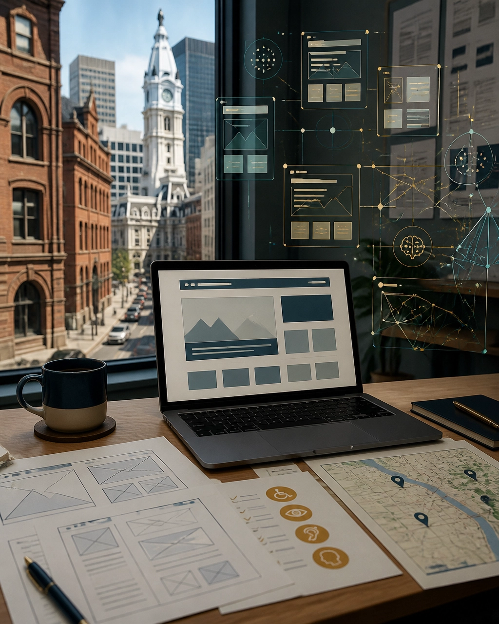 Philadelphia creative planning desk with website wireframes, accessibility details, and AI page architecture