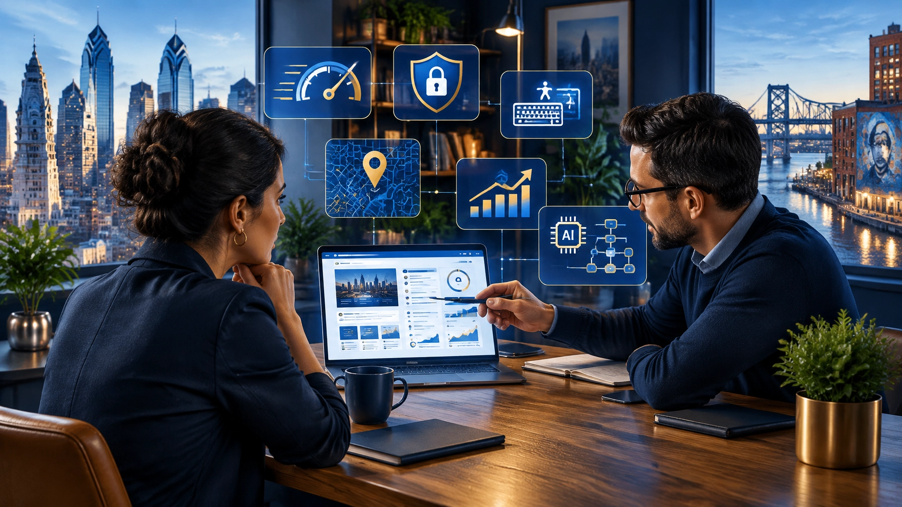 Philadelphia business owner and web strategist reviewing a website audit with AI, accessibility, and performance overlays