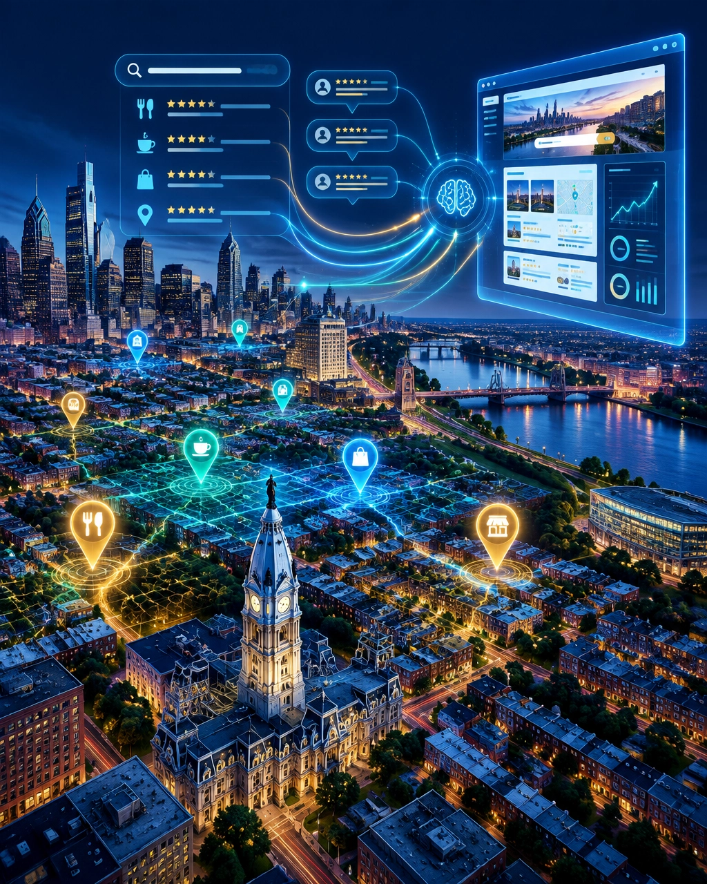 Philadelphia neighborhoods and skyline represented through an AI-powered local SEO map with search, review, and website visibility overlays