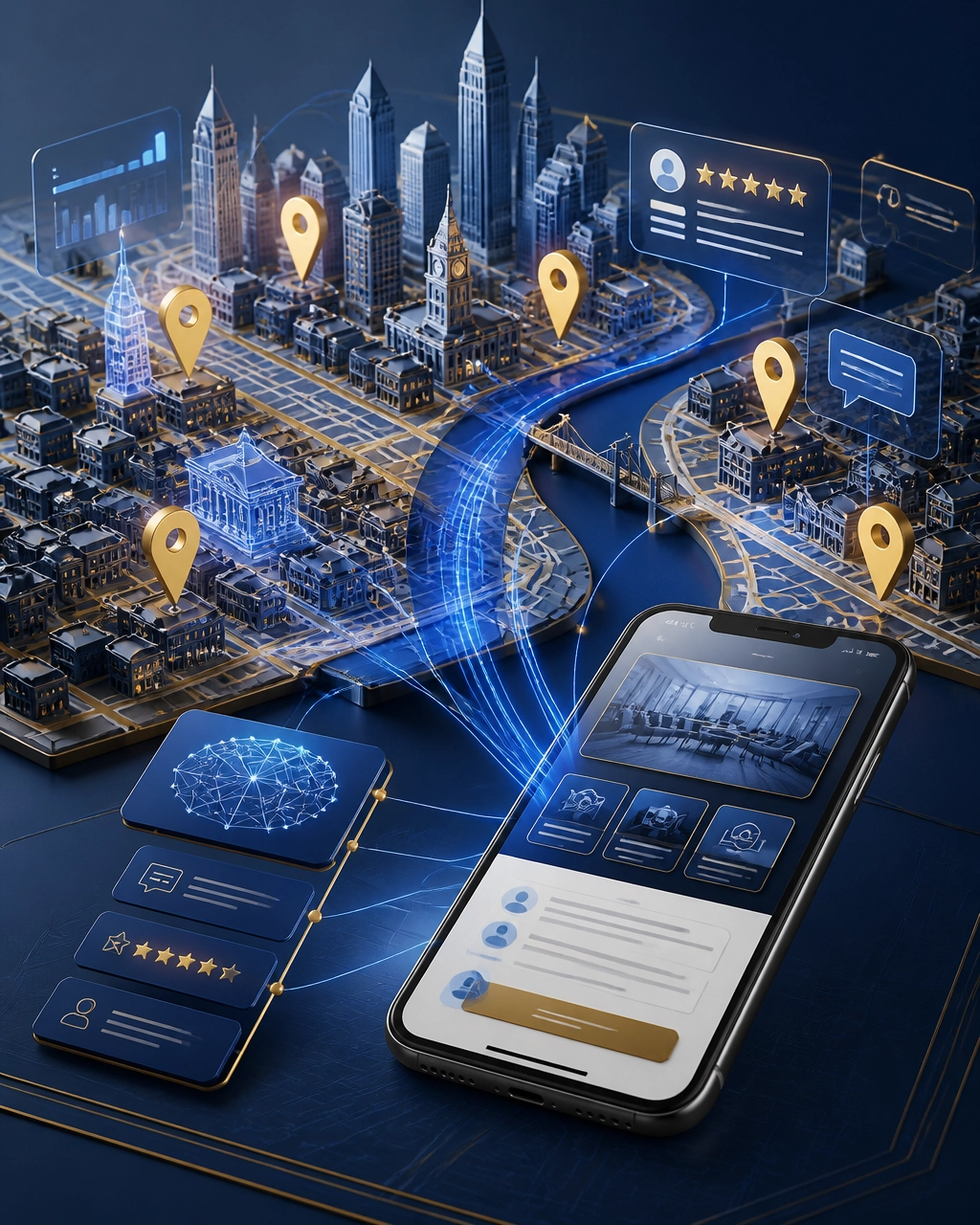 Philadelphia map, responsive website, and AI-powered local SEO signals connected through elegant data overlays