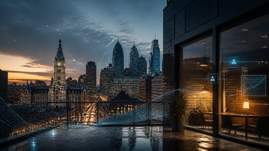 Philadelphia skyline with digital data network overlay at dusk