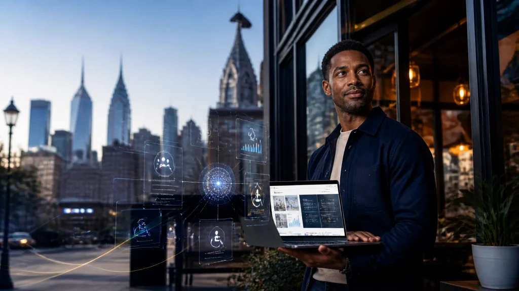 Professional holding laptop with digital analytics over city skyline