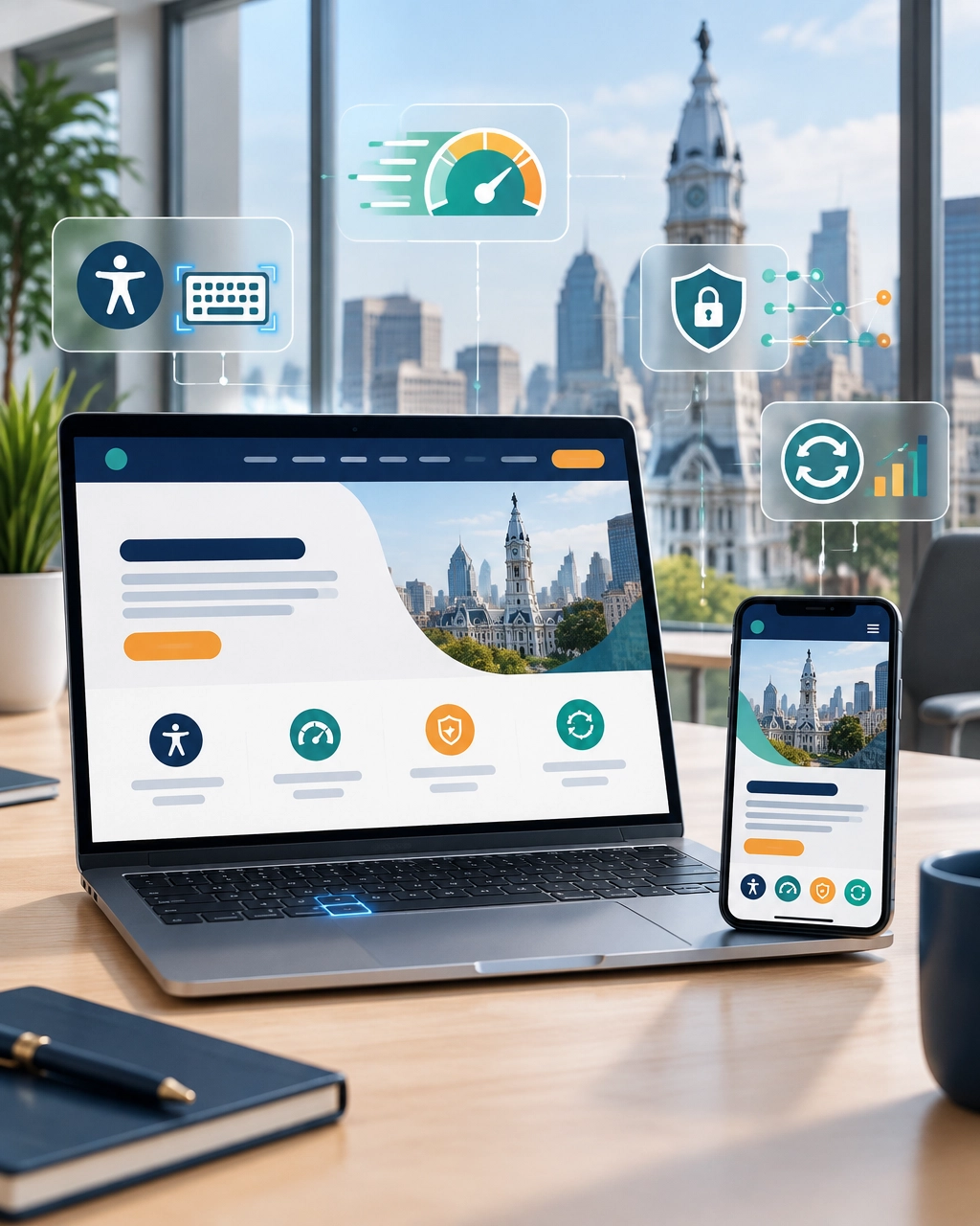 Laptop and smartphone showing an accessible, fast website interface with performance and security overlays