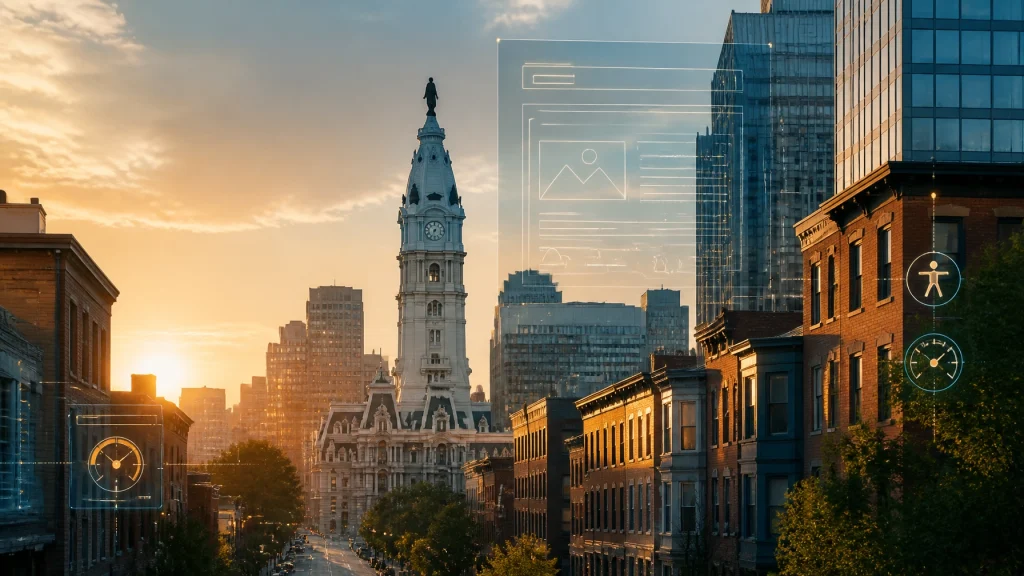 Philadelphia City Hall at sunset with digital interface overlays