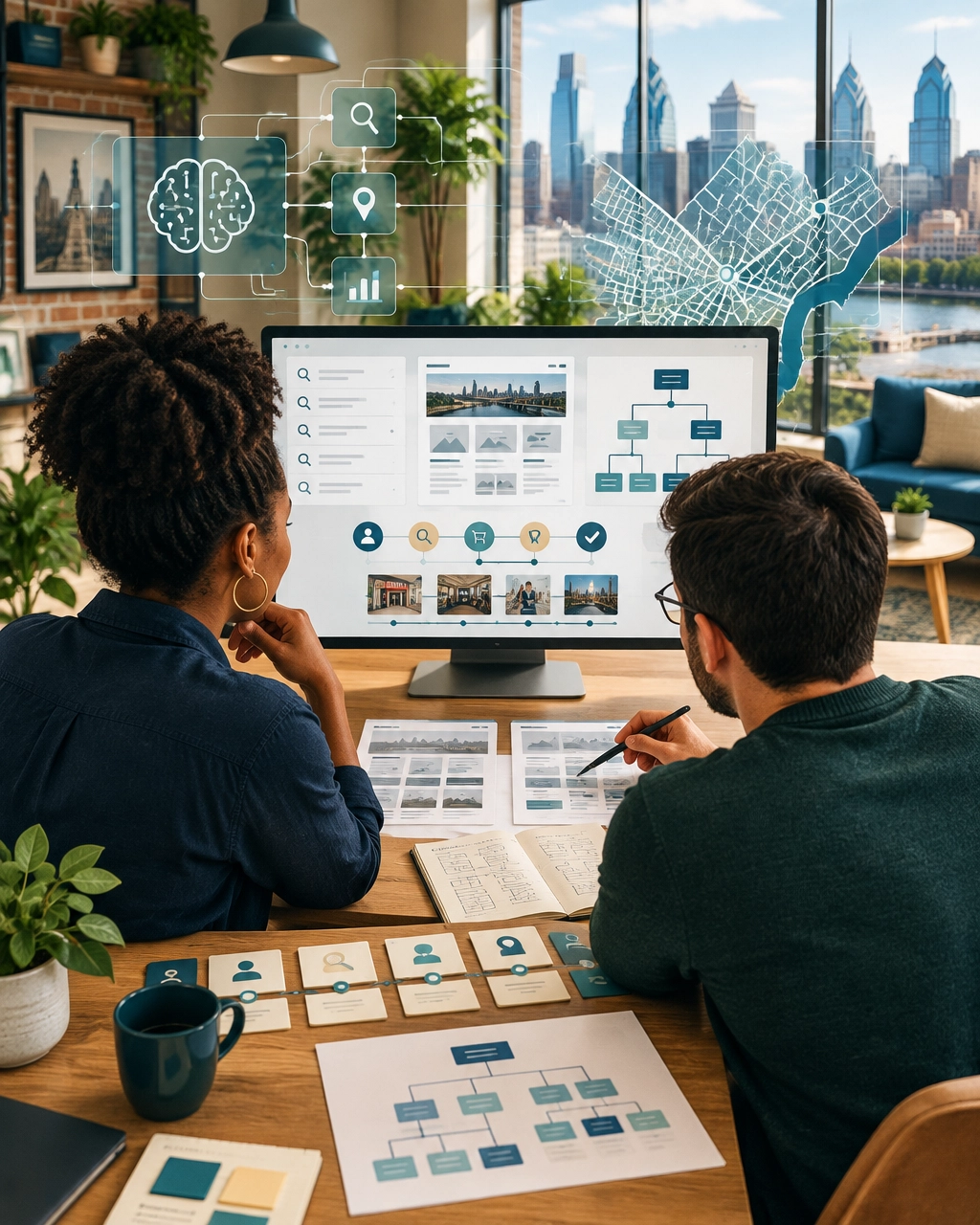 Philadelphia small-business team reviewing website planning, customer journeys, and AI workflow overlays