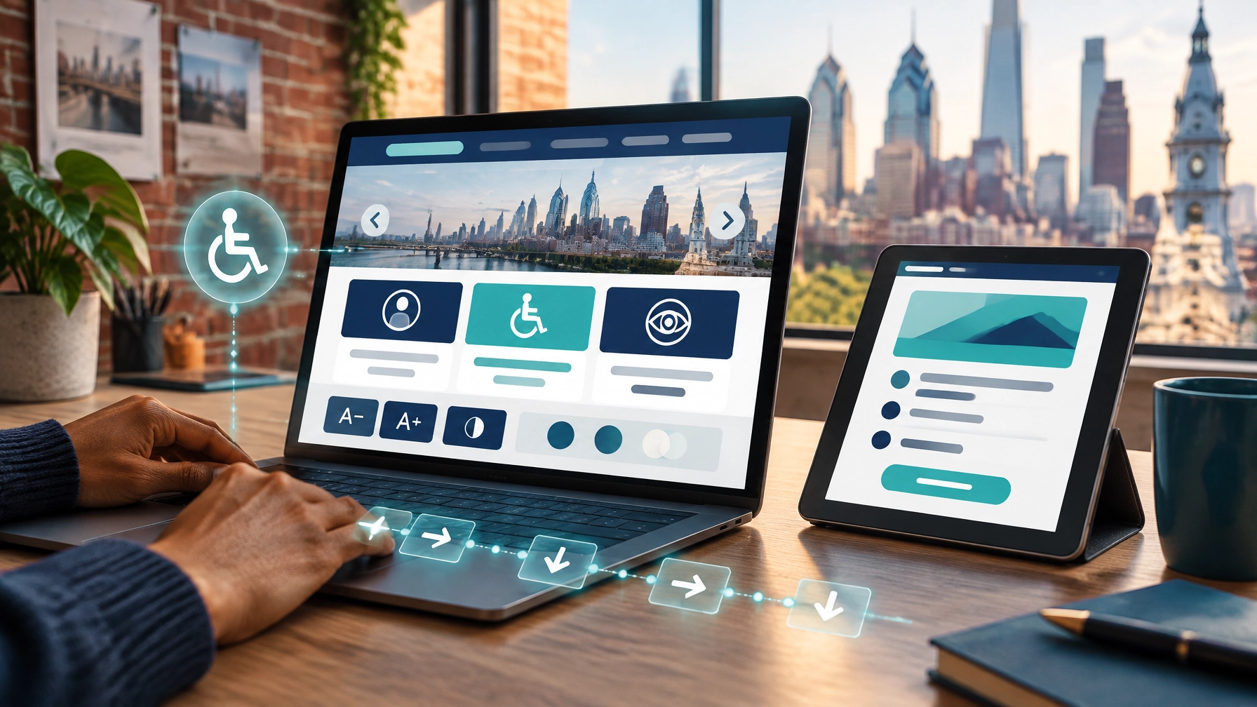 Accessible Philadelphia website interface on laptop and tablet with keyboard navigation, clear controls, and subtle technology overlays