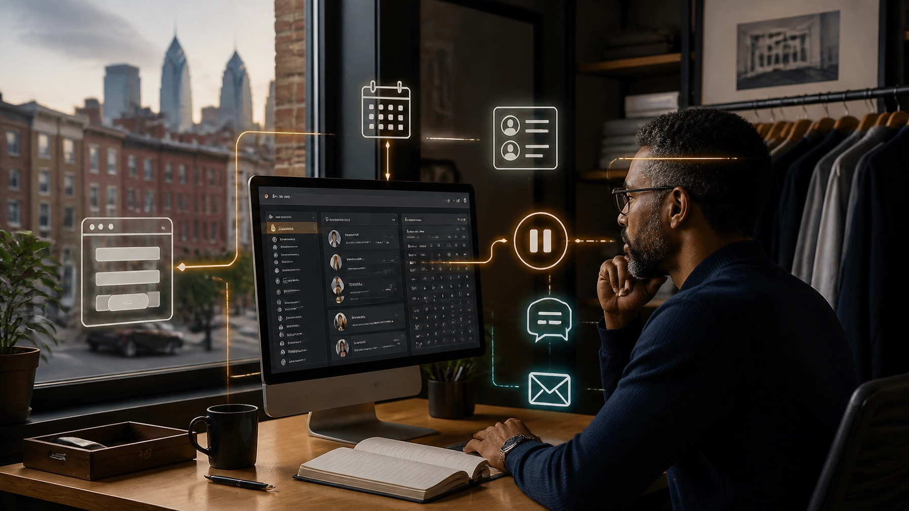 Philadelphia small-business owner reviewing an AI-assisted website lead and appointment workflow