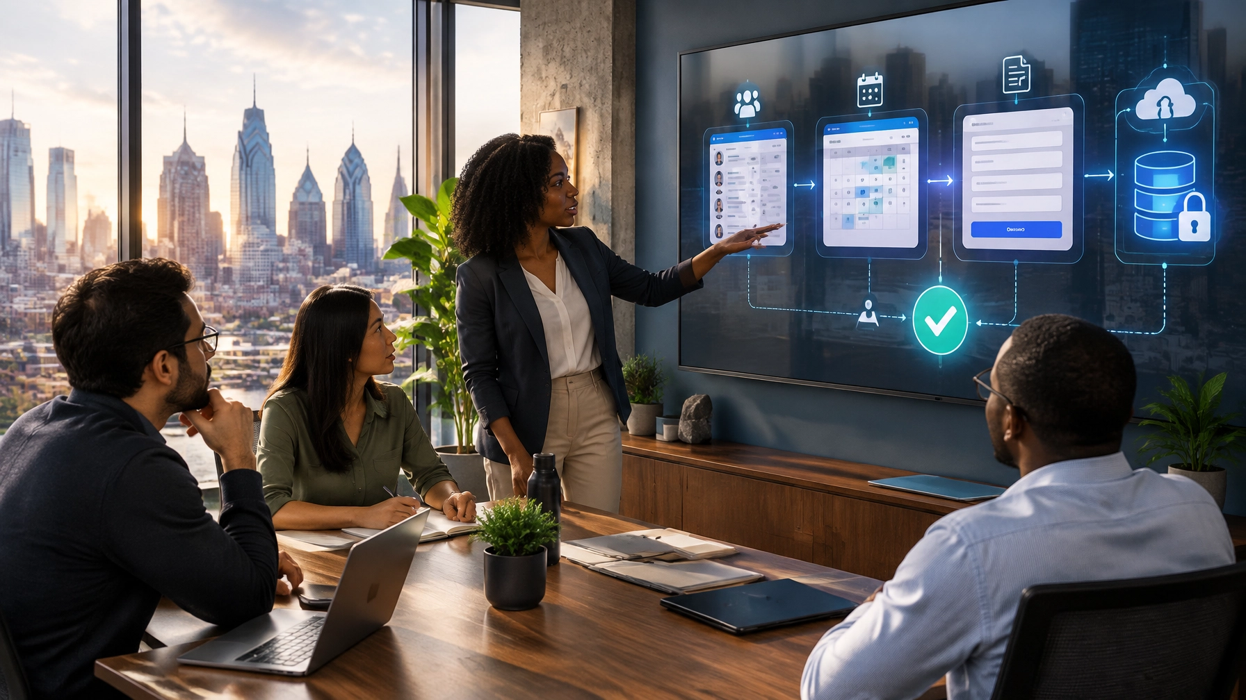 Philadelphia office team reviewing connected CRM, booking, website, and human-approval workflows with subtle AR overlays