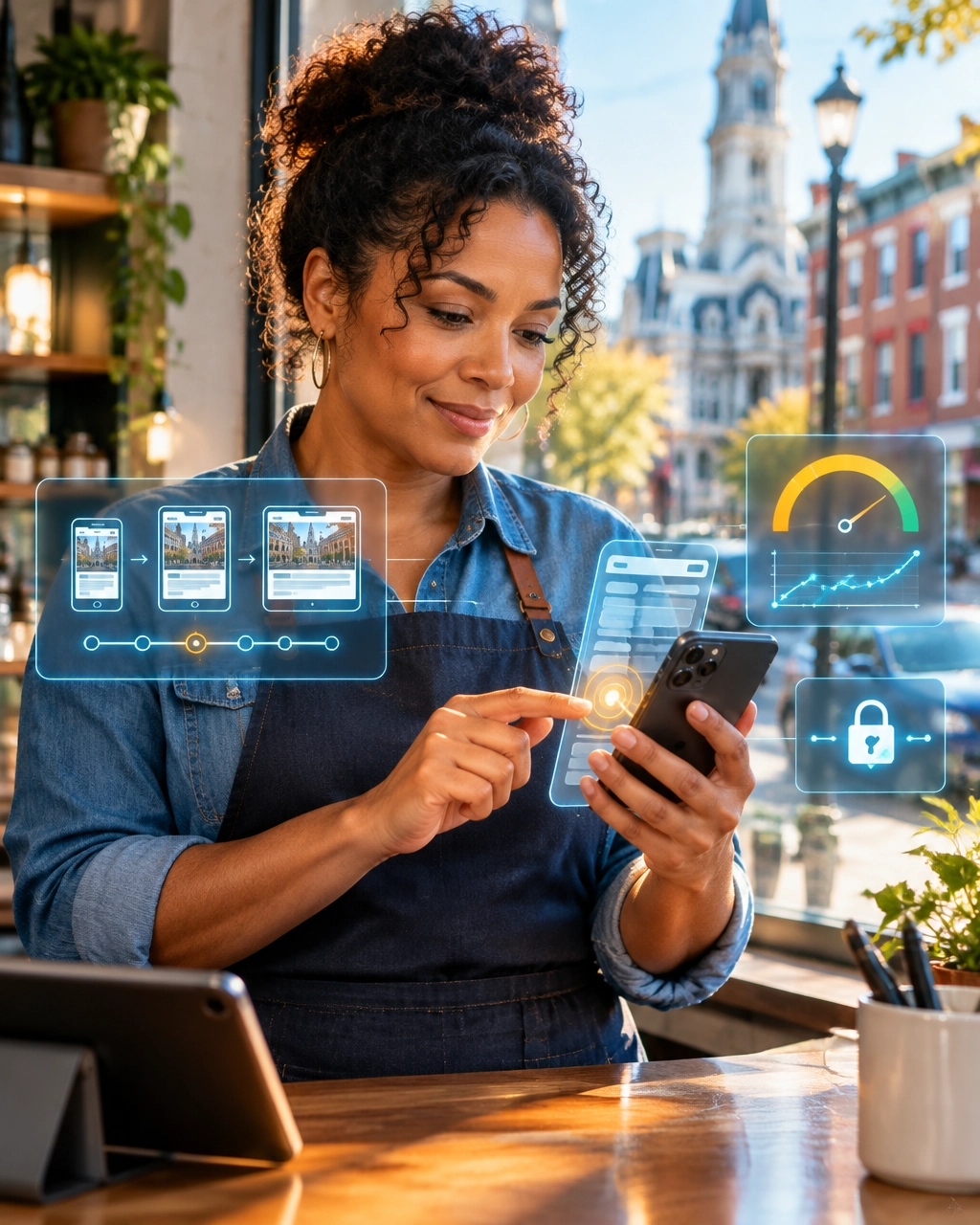 Philadelphia small-business owner reviewing a mobile-first website with responsive design and performance overlays