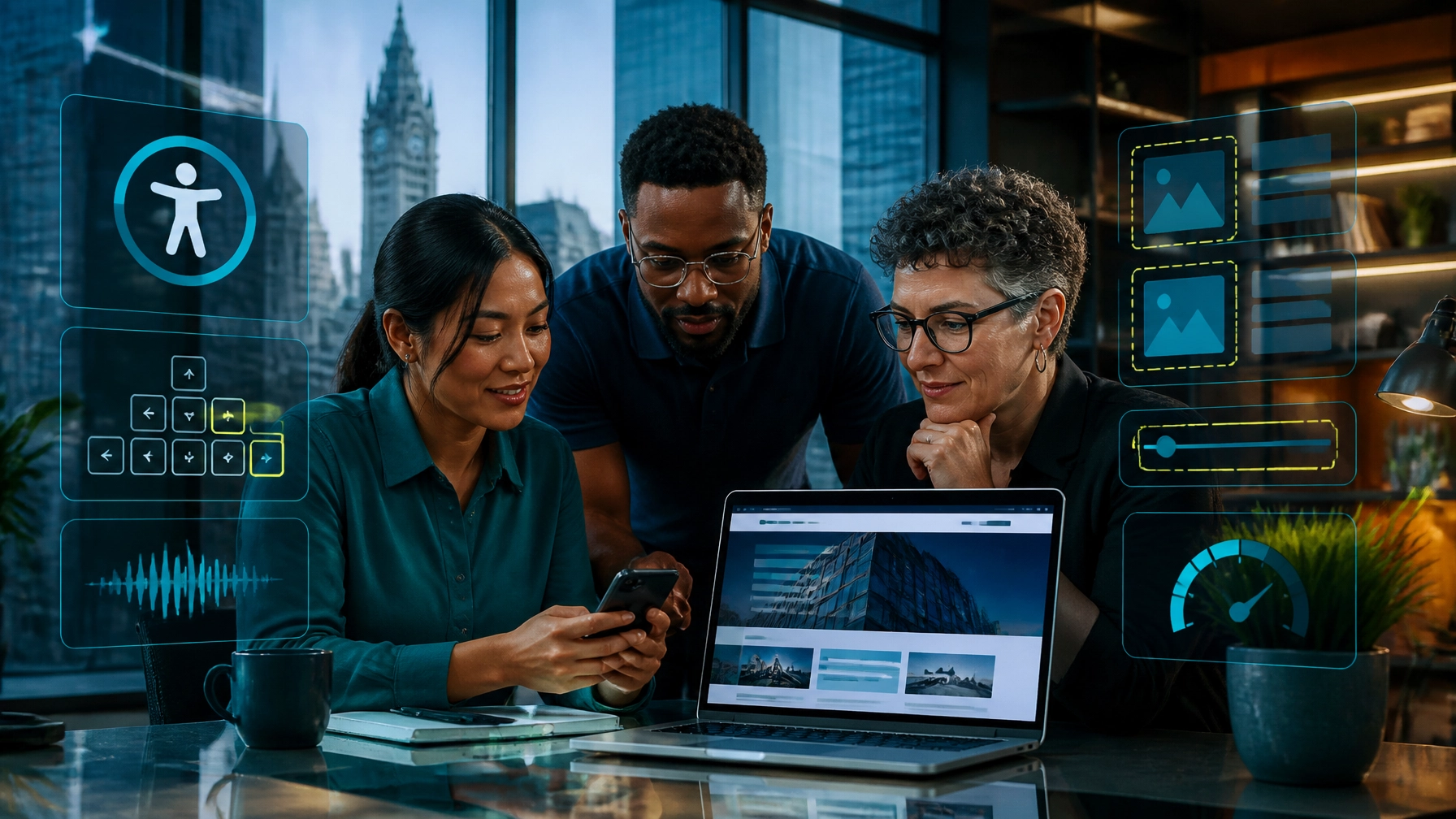 Diverse Philadelphia business team reviewing an accessible mobile website with AI-assisted usability and performance overlays
