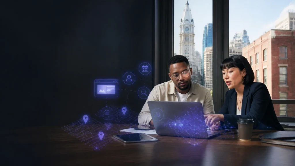Two professionals reviewing laptop with digital mapping overlays