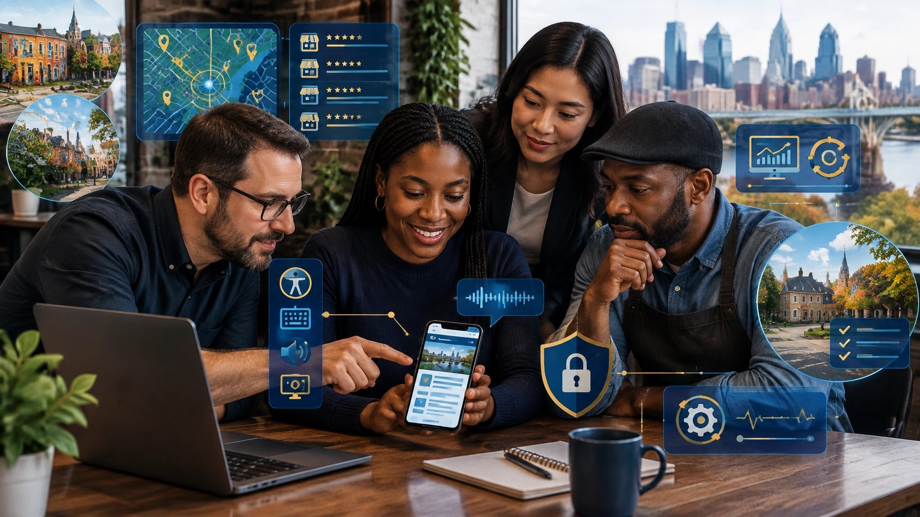 Philadelphia small-business team testing an accessible website with local SEO, security, and ongoing maintenance overlays