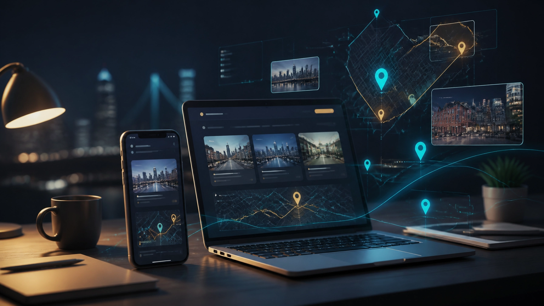 Laptop and smartphone displaying AI-powered website interfaces, local map pins, and Philadelphia neighborhood data overlays