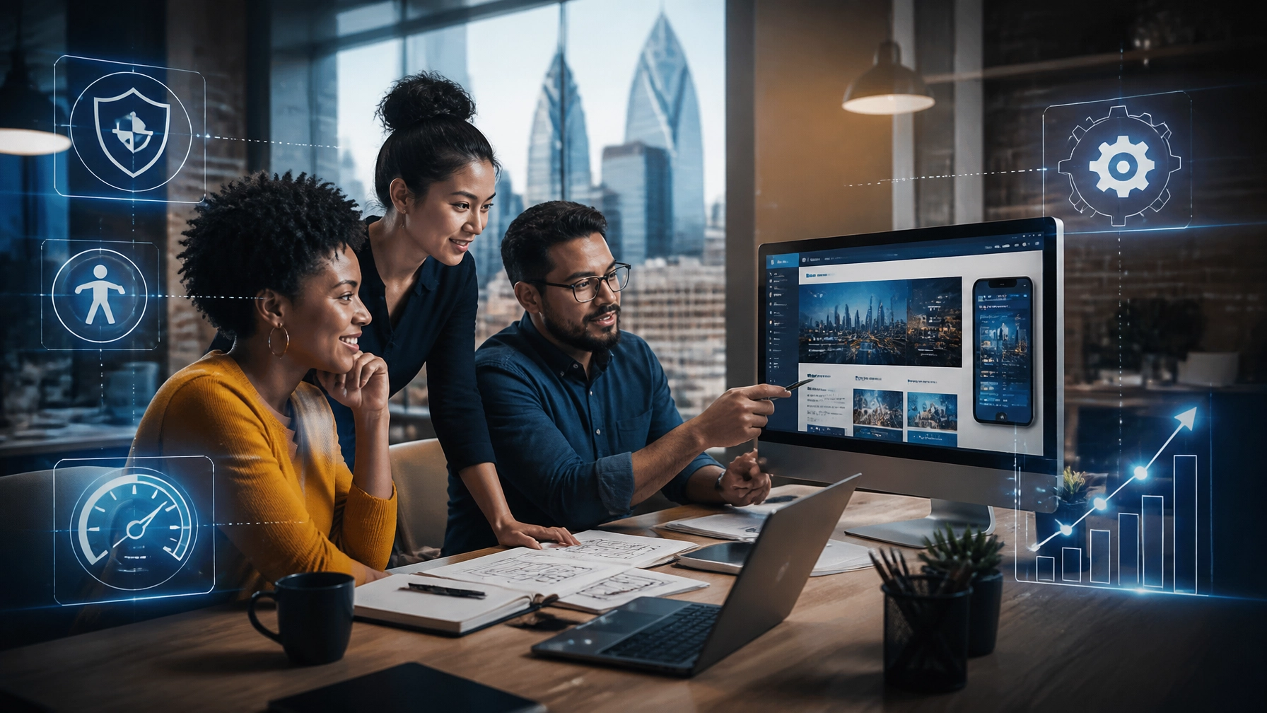 Philadelphia small-business team reviewing a website, accessibility, security, and AI growth dashboard