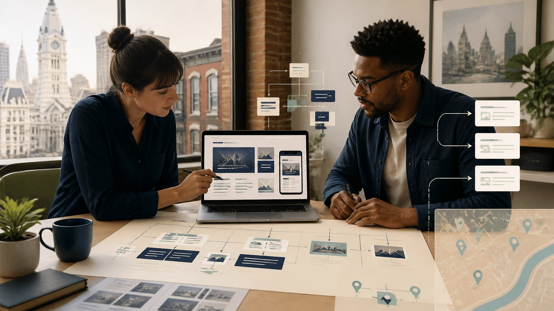 Philadelphia business owner and designer planning a responsive website with local digital strategy overlays