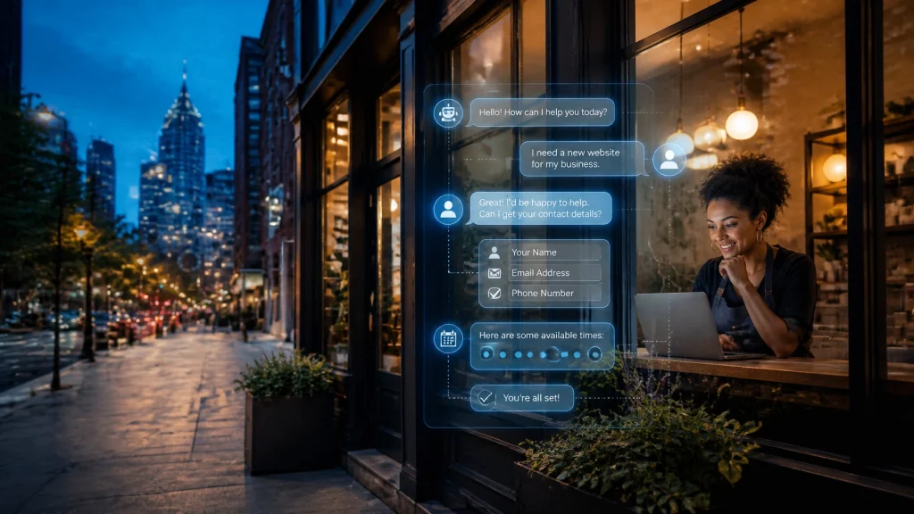 Business owner using chatbot appointment booking interface at café
