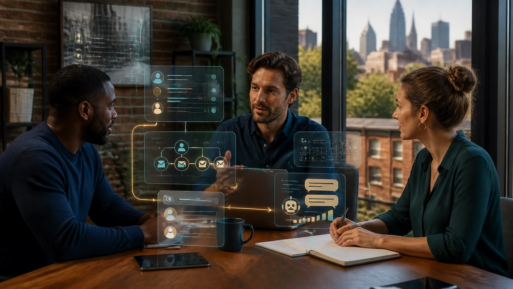 Philadelphia small-business team collaborating around an AI-integrated website workflow with CRM, calendar, and lead routing overlays