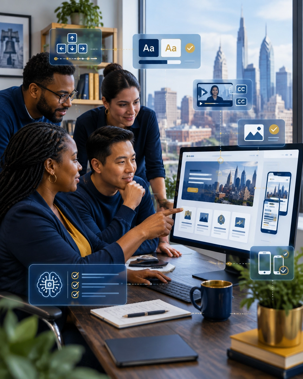 Diverse Philadelphia business team reviewing an accessible responsive website with keyboard navigation, contrast, and AI usability overlays