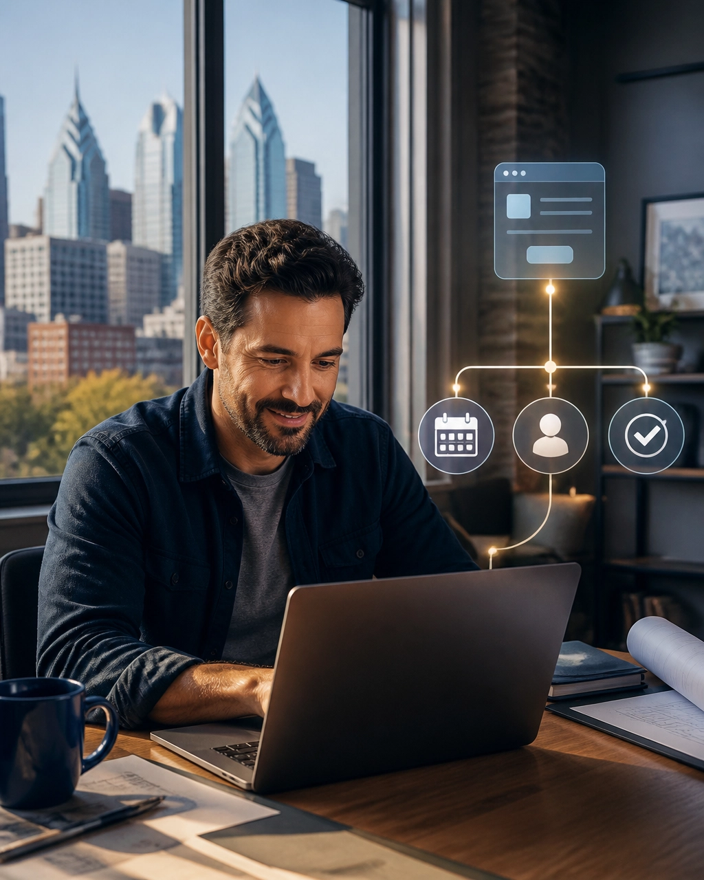 Philadelphia small-business owner reviewing an AI-connected lead workflow from website form to calendar and CRM